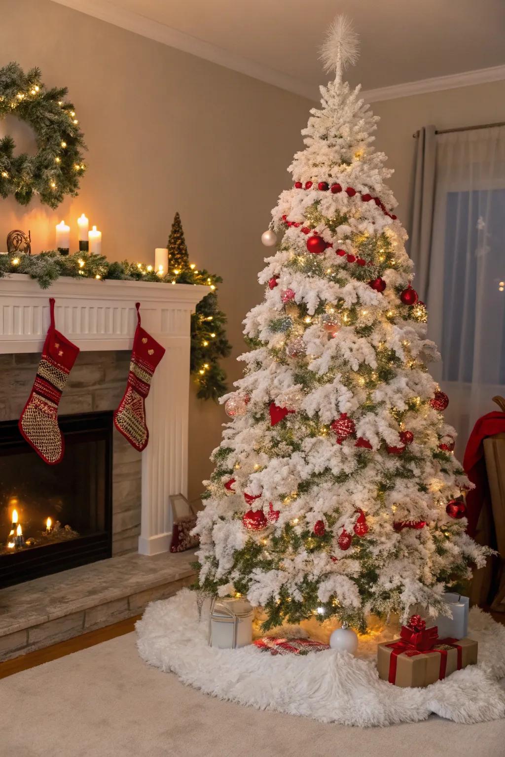 A wintry home scene featuring a Christmas tree draped in ivory strands and imitation snow.