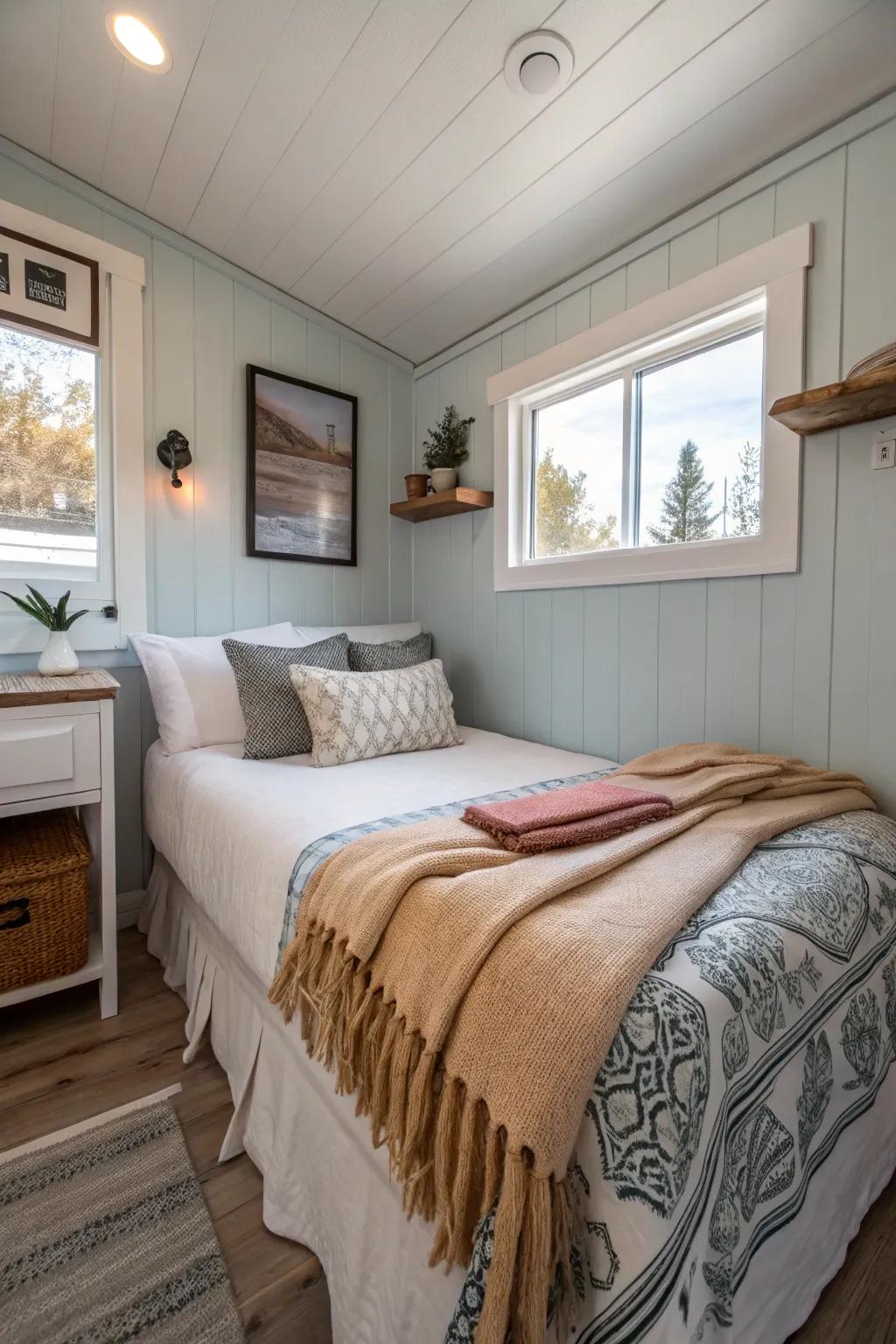 Soft fabrics adding warmth to a minimalist tiny bedroom.
