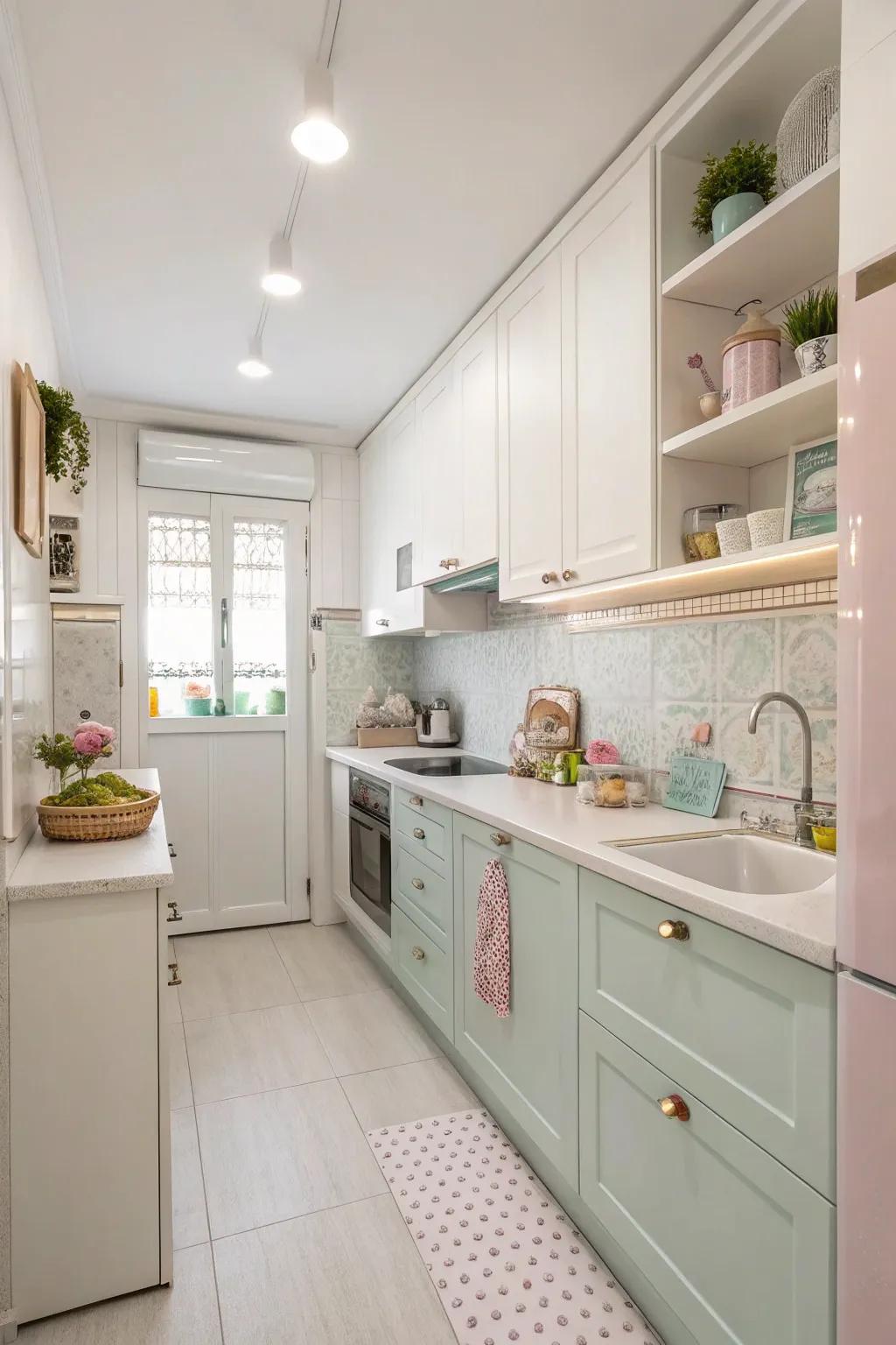 Bright hues impart an airy and expansive sensation to a small kitchen.