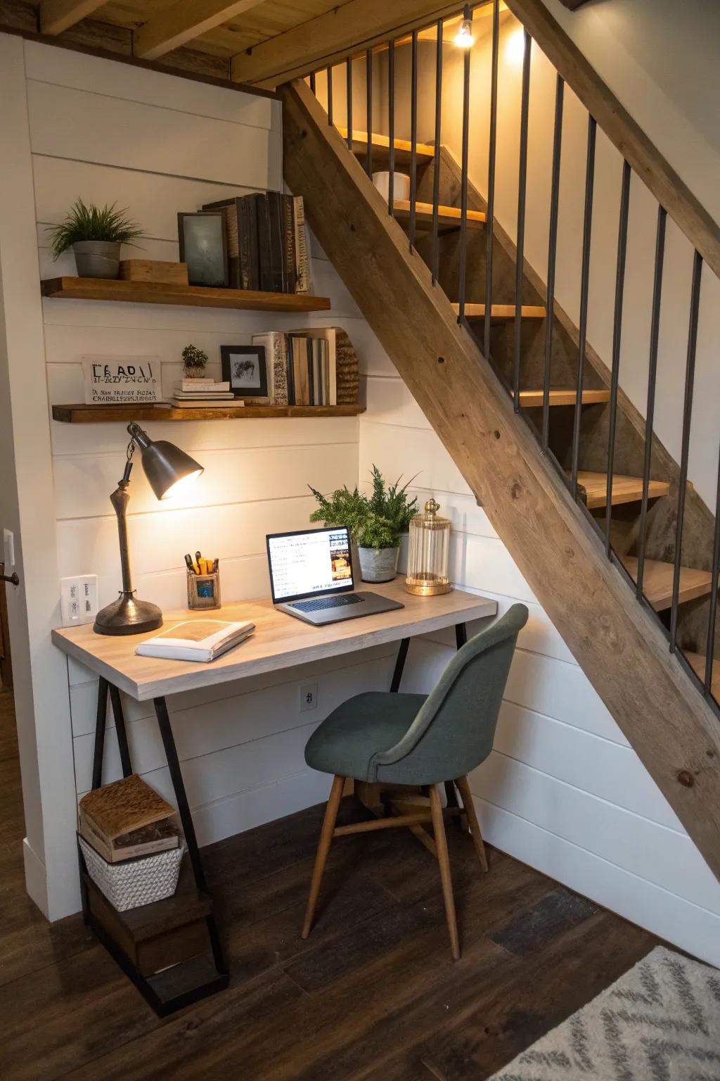 Harnessing the space beneath steps can generate a distinctive and individual office corner.