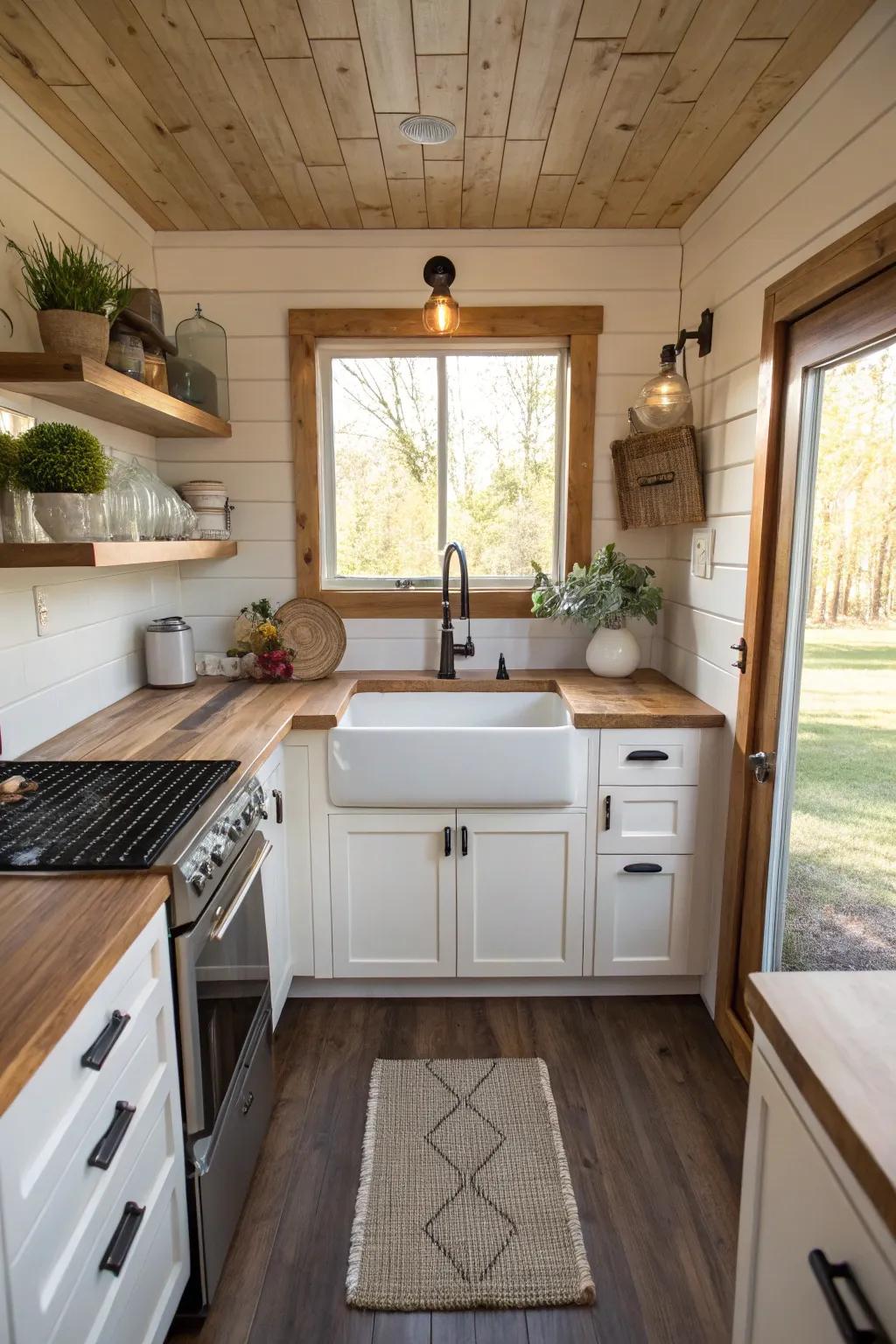 A classic farmhouse sink adding warmth and personality to a compact home kitchen.