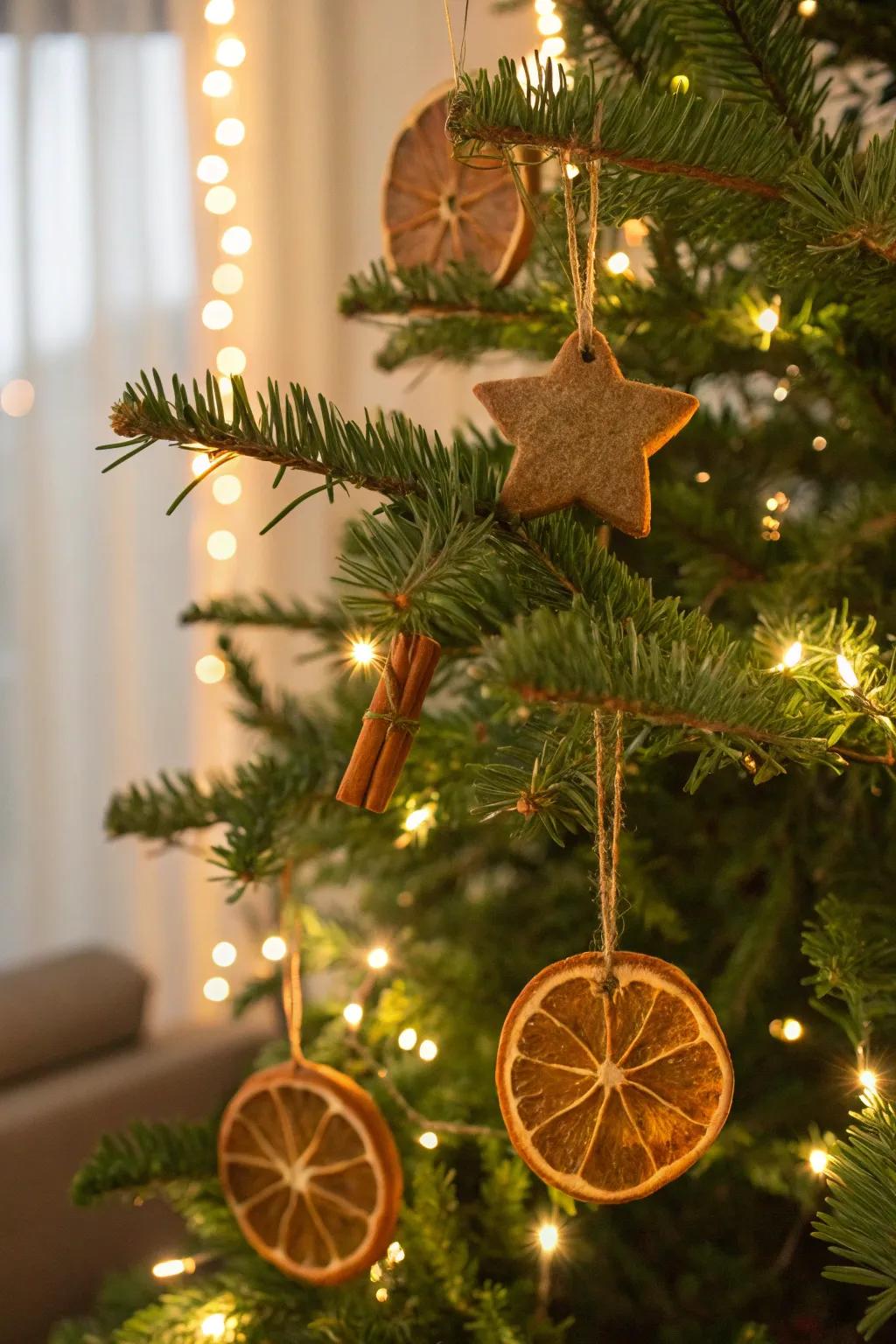 Handmade spice decorations bring a pleasant scent to the tree.