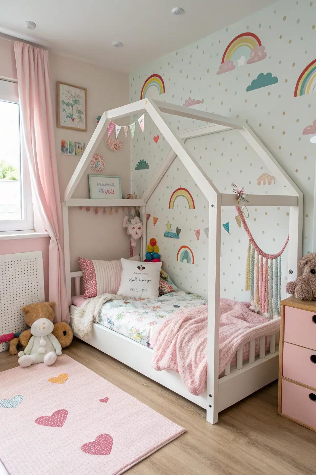 A house-shaped bed serves as both a play zone and a captivating focal point.