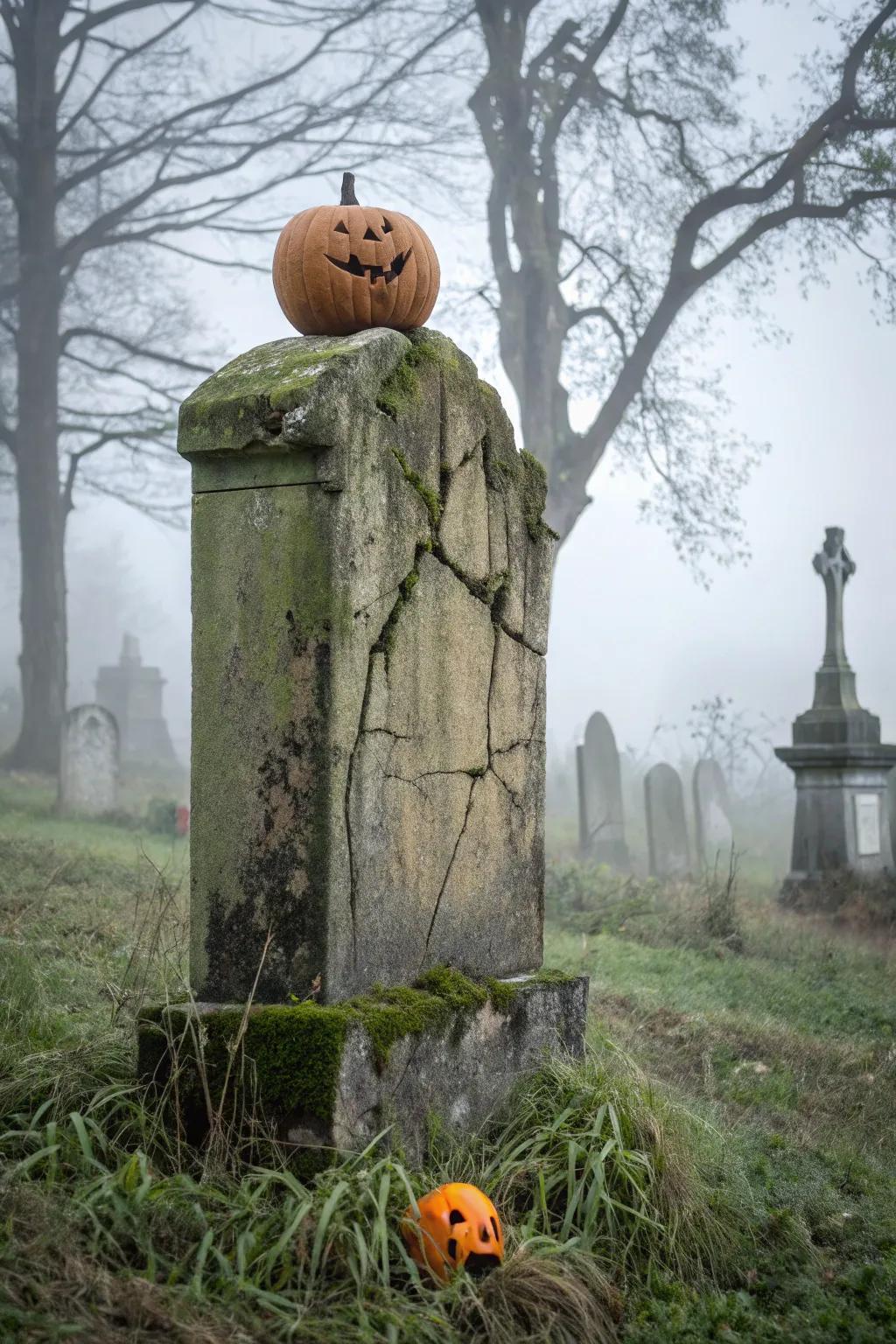 Aged gravestones enhance the authenticity of your Halloween decorations.