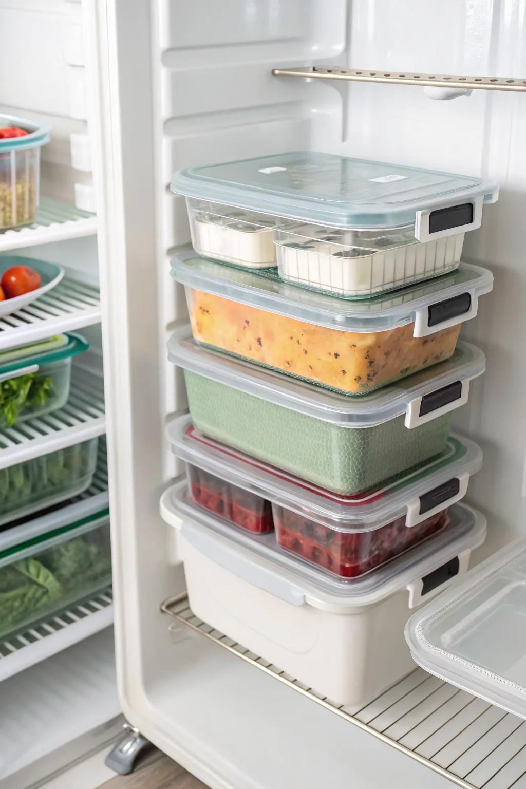 Stacking containers inside a top freezer, illustrating effective use of vertical storage space.