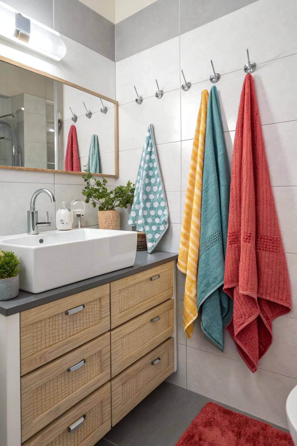 Partition-anchored fasteners maintain tidy and readily available towels.