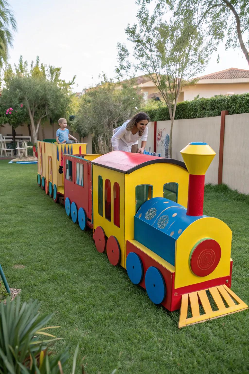 A do-it-yourself cardboard locomotive offers unlimited fun.