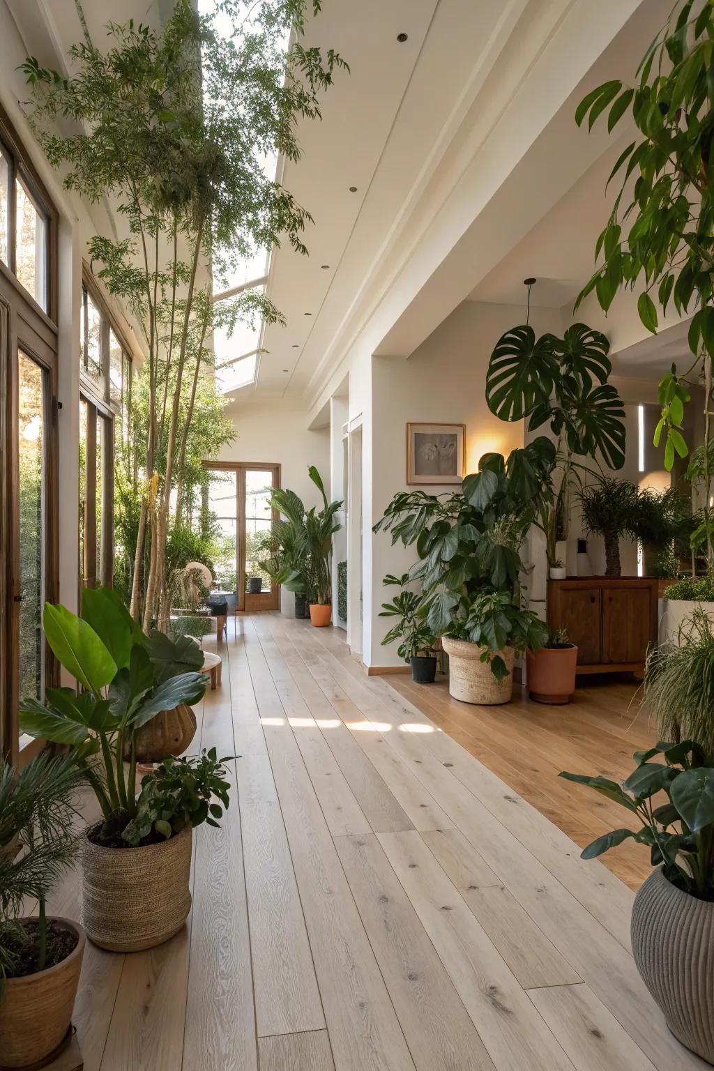 Natural timber flooring and greenery enhance the feeling of warmth.