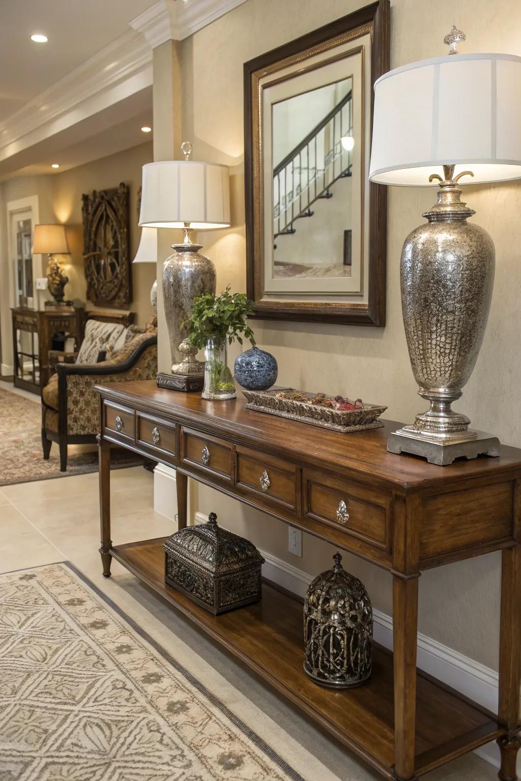 A mix of materials contributes character and depth to your entryway.