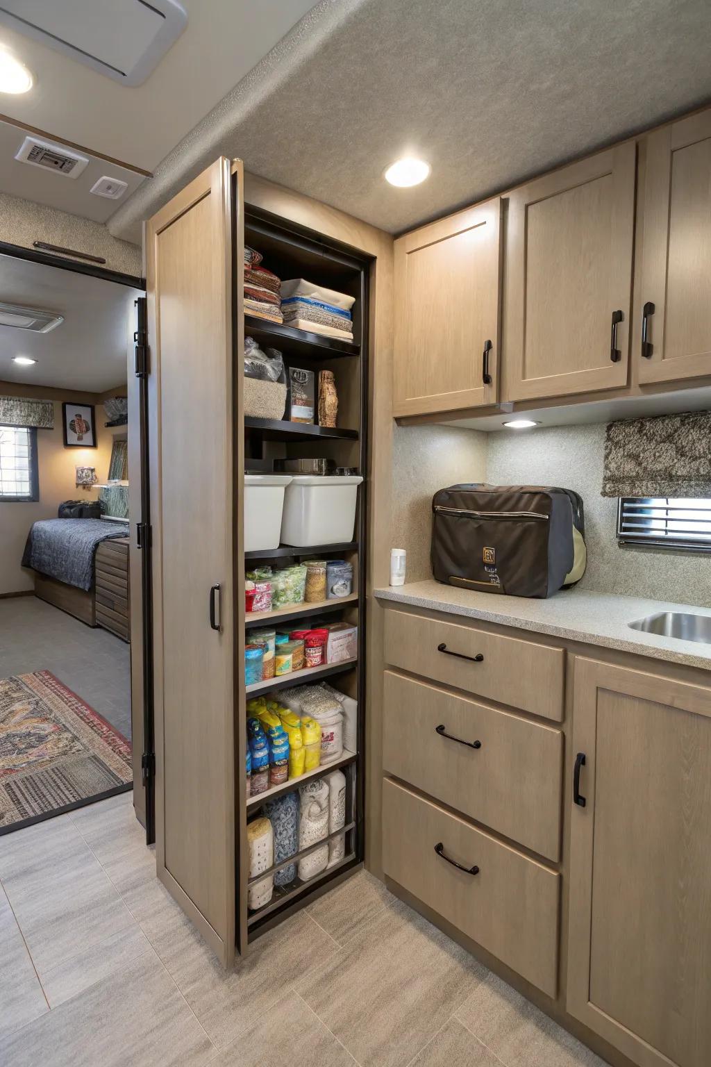 This travel trailer shows off creative storage ideas, maximizing space and keeping everything organized.