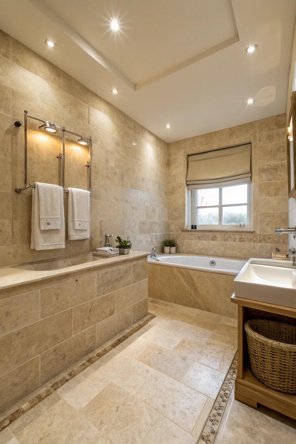 A peaceful travertine bathroom featuring a neutral color scheme and gentle, ambient illumination.