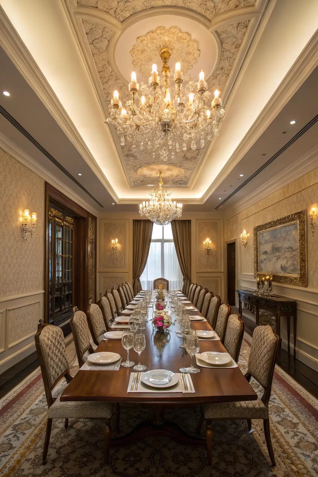 An opulent dining space highlighted by a tray ceiling and a magnificent chandelier.