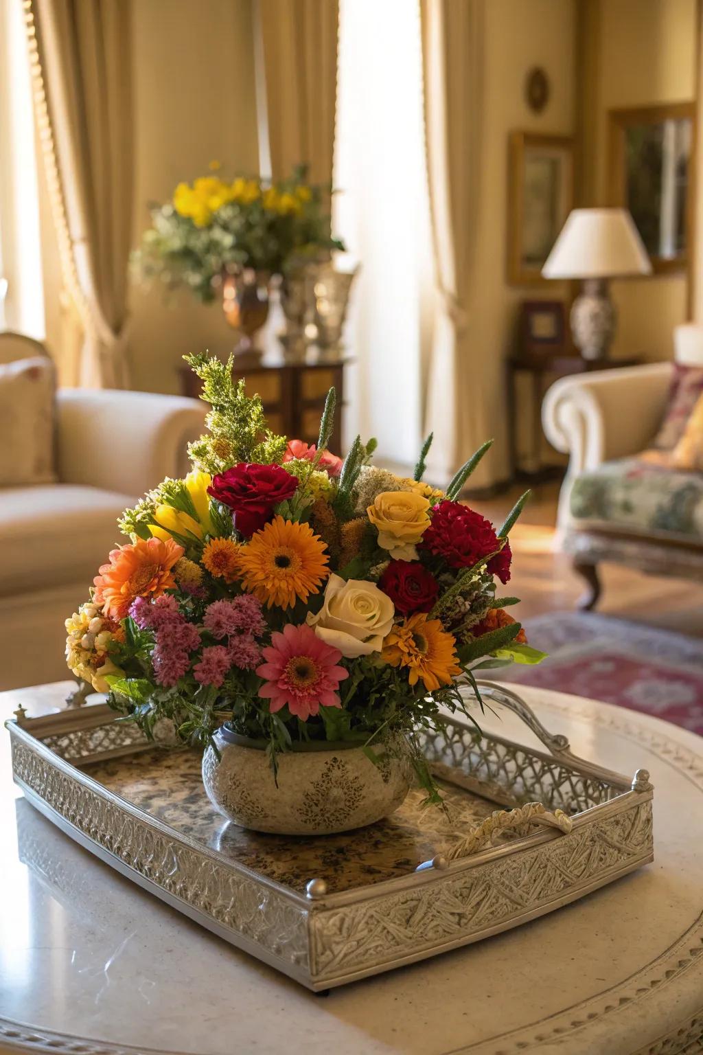 A sun-drenched chamber brightened by a vibrant botanical composition.