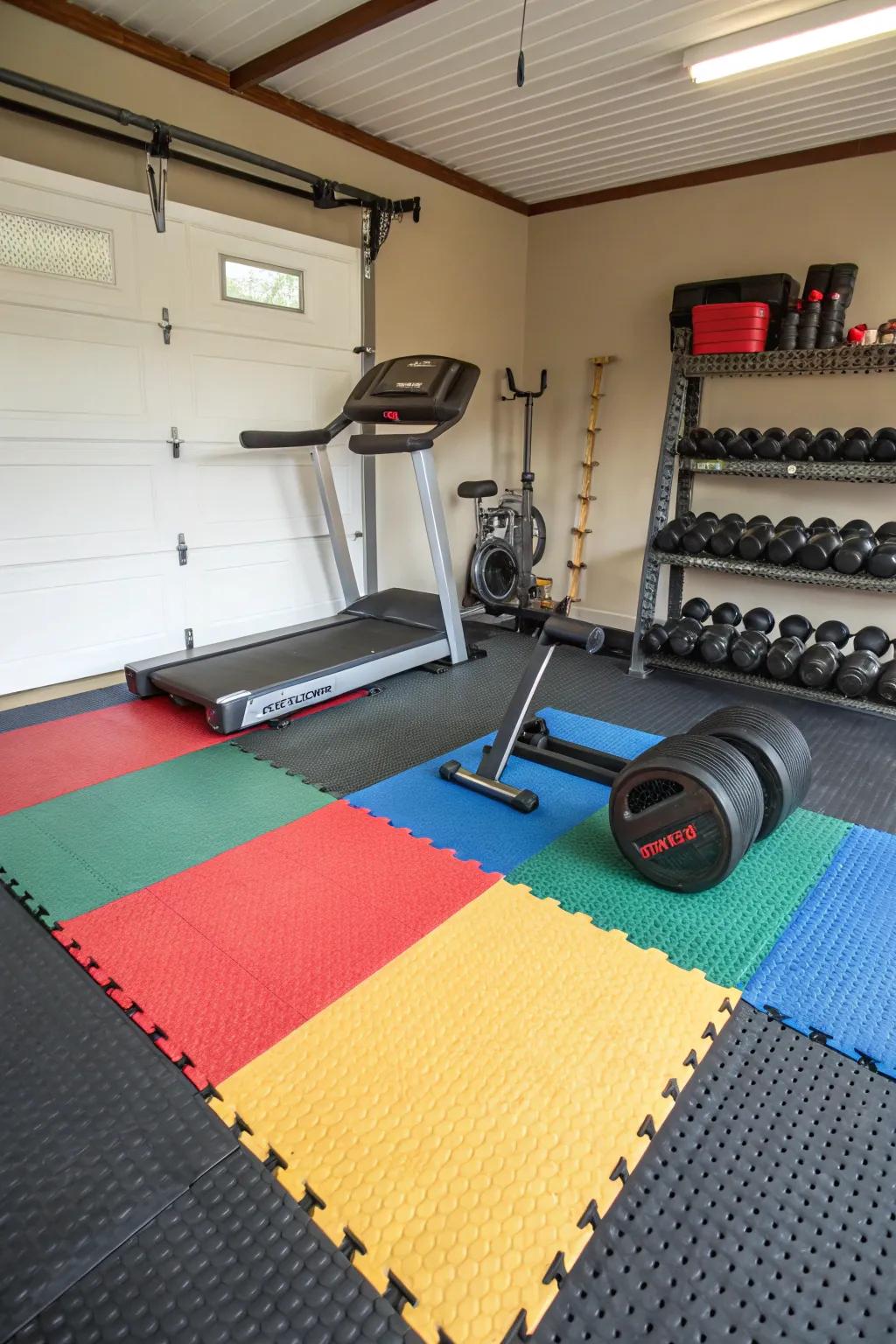 Rubber mats provide added safety and deaden sound.