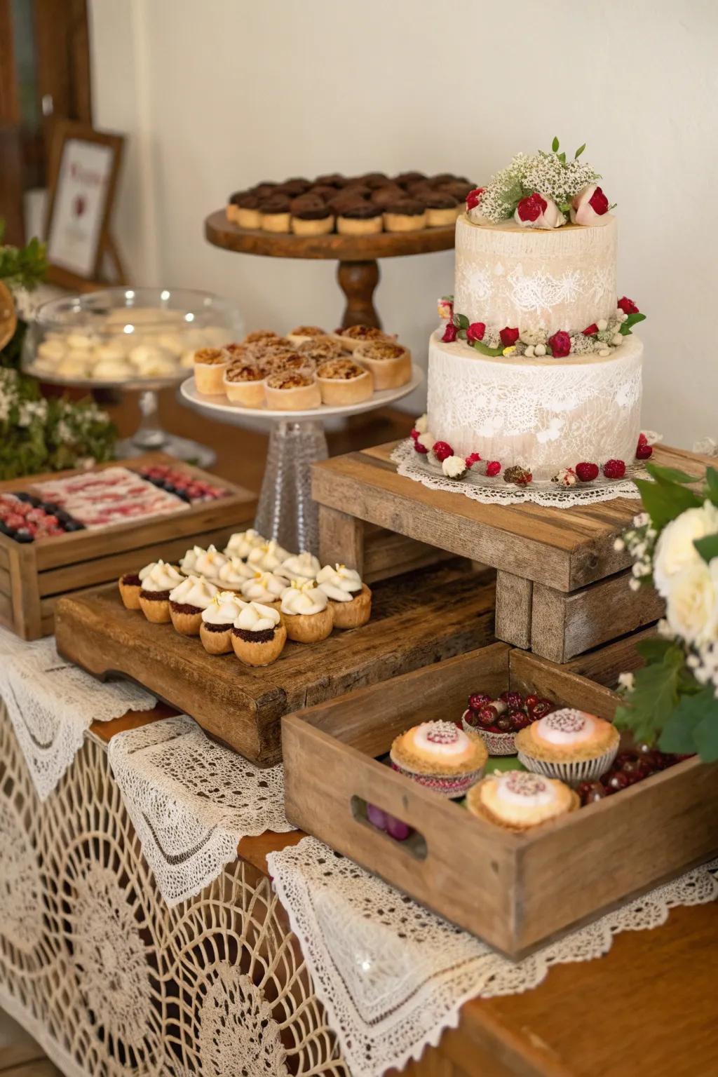 Pastoral snack arrangement featuring timber trays and cloth.