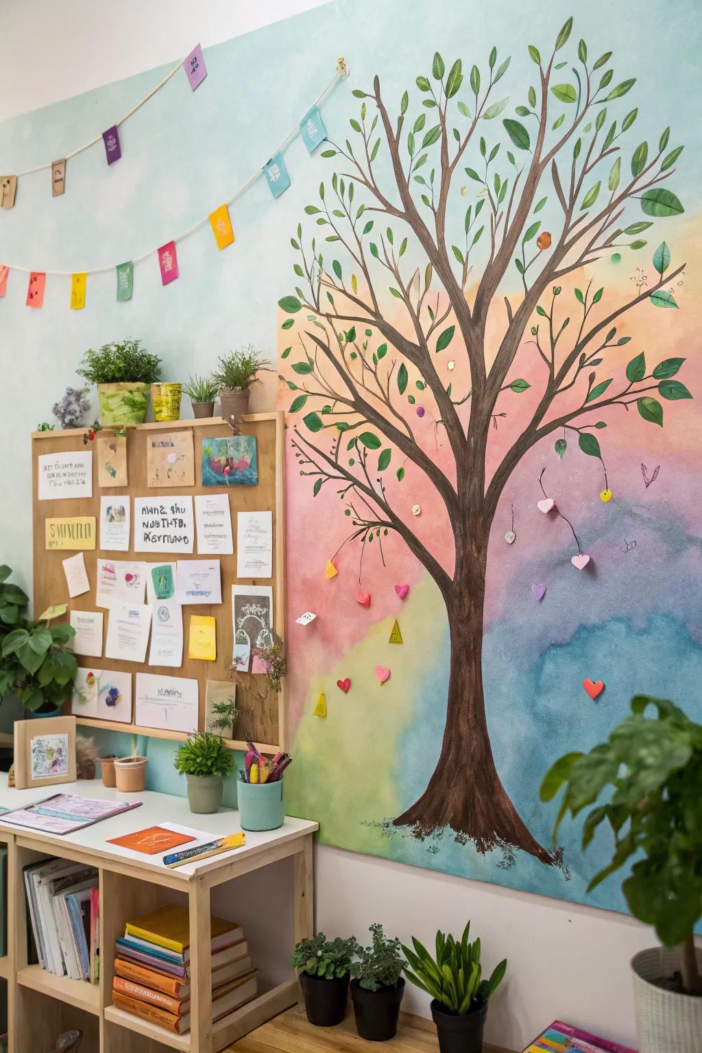 An artistic tree notice board showcasing a vibrant watercolor backdrop.