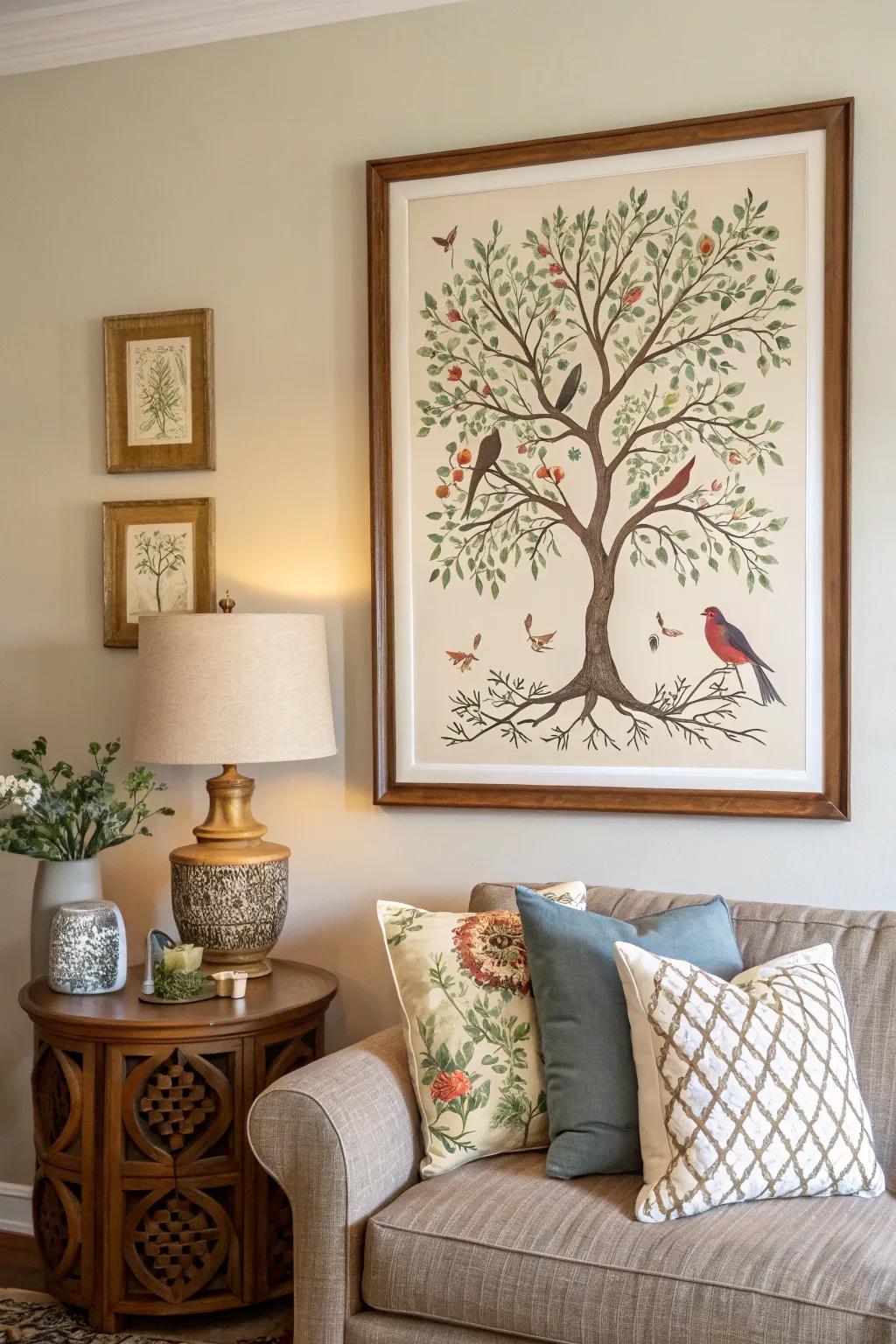 A framed Arbor Vitae art piece, complete with melodic birds, uplifts a living space.