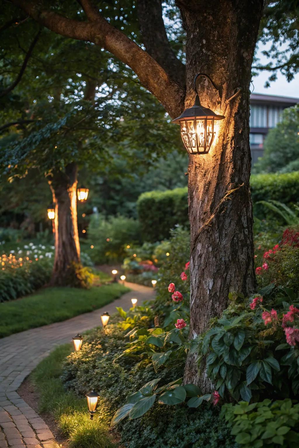 Sun-powered lights impart an environmentally friendly glow.