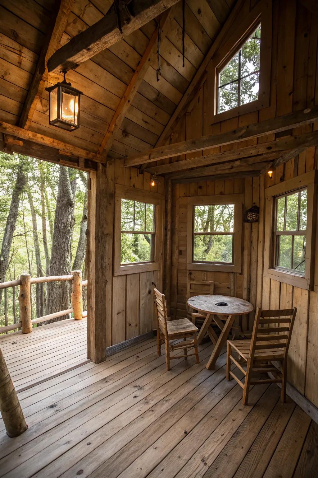 Rustic charm inside a treehouse, featuring wood walls and floors that highlight natural appeal.