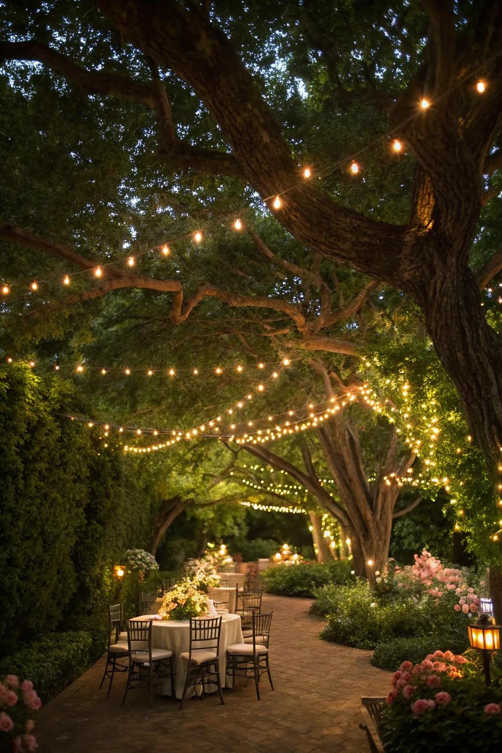 A canopy draped in lights provides a magical dining ambiance.