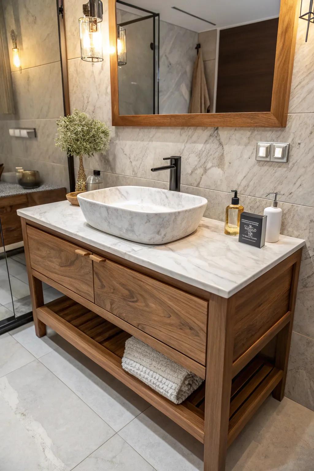 A bathroom vanity showcases a mix of wood and marble for enhanced visual allure.