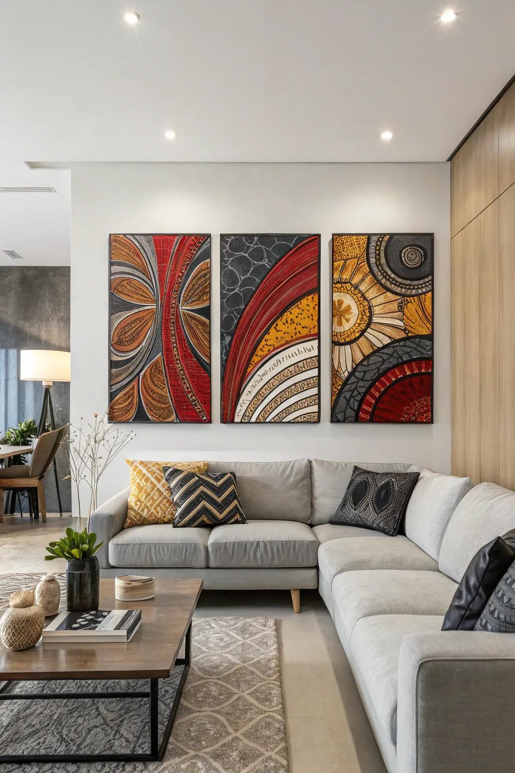 Textured triptych art adding depth to a modern space.