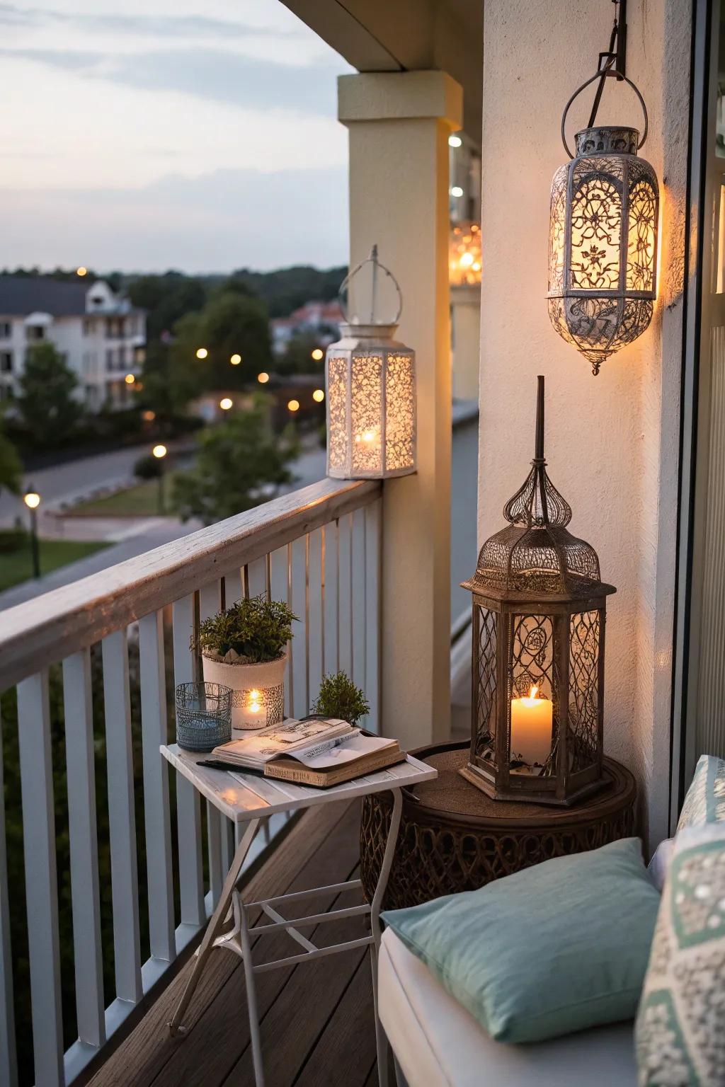 Decorate with lanterns and small tables for an inviting atmosphere.