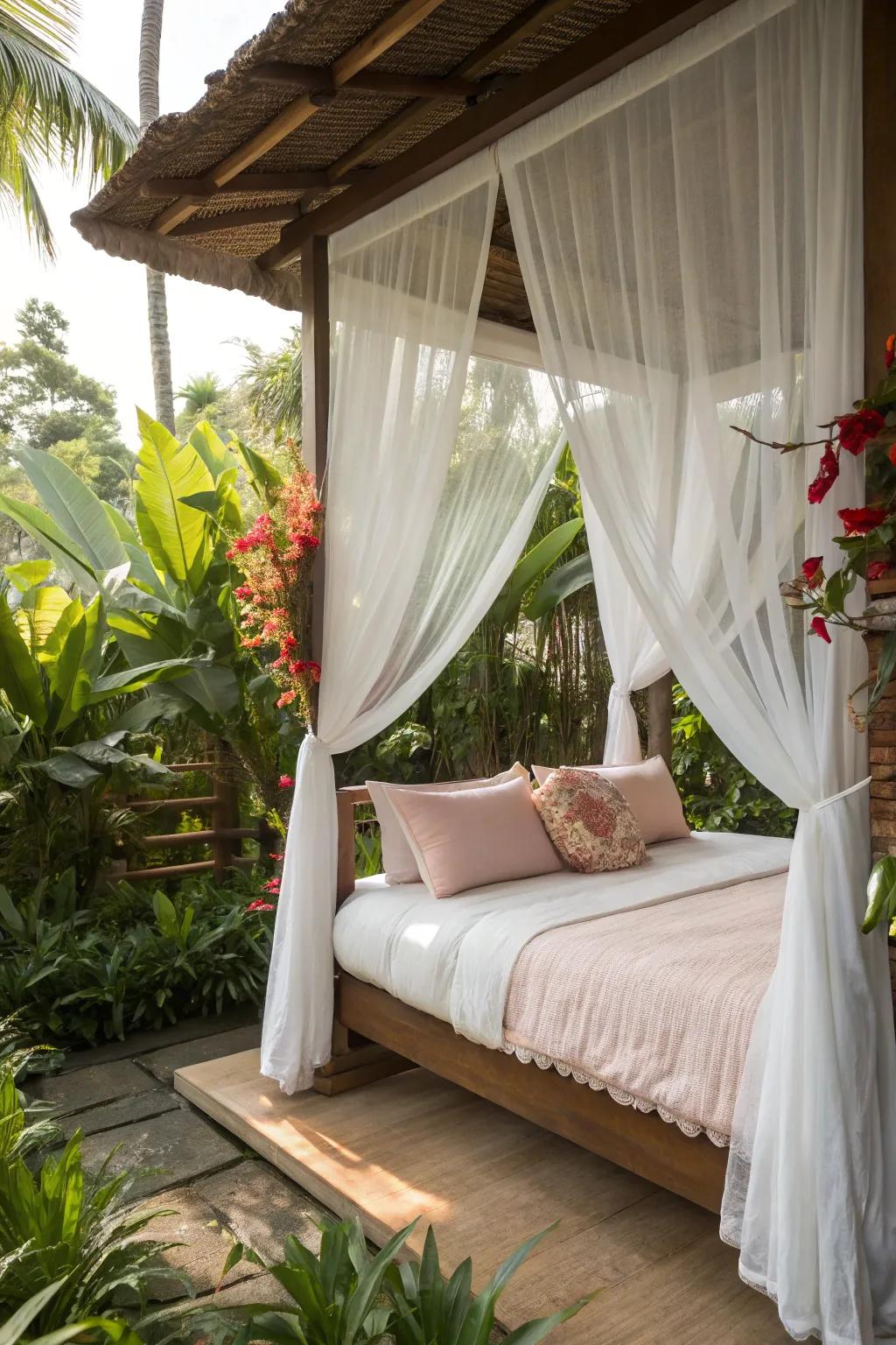 A canopy bed with ethereal cloths adds an exotic and dreamy flair to your bedroom.
