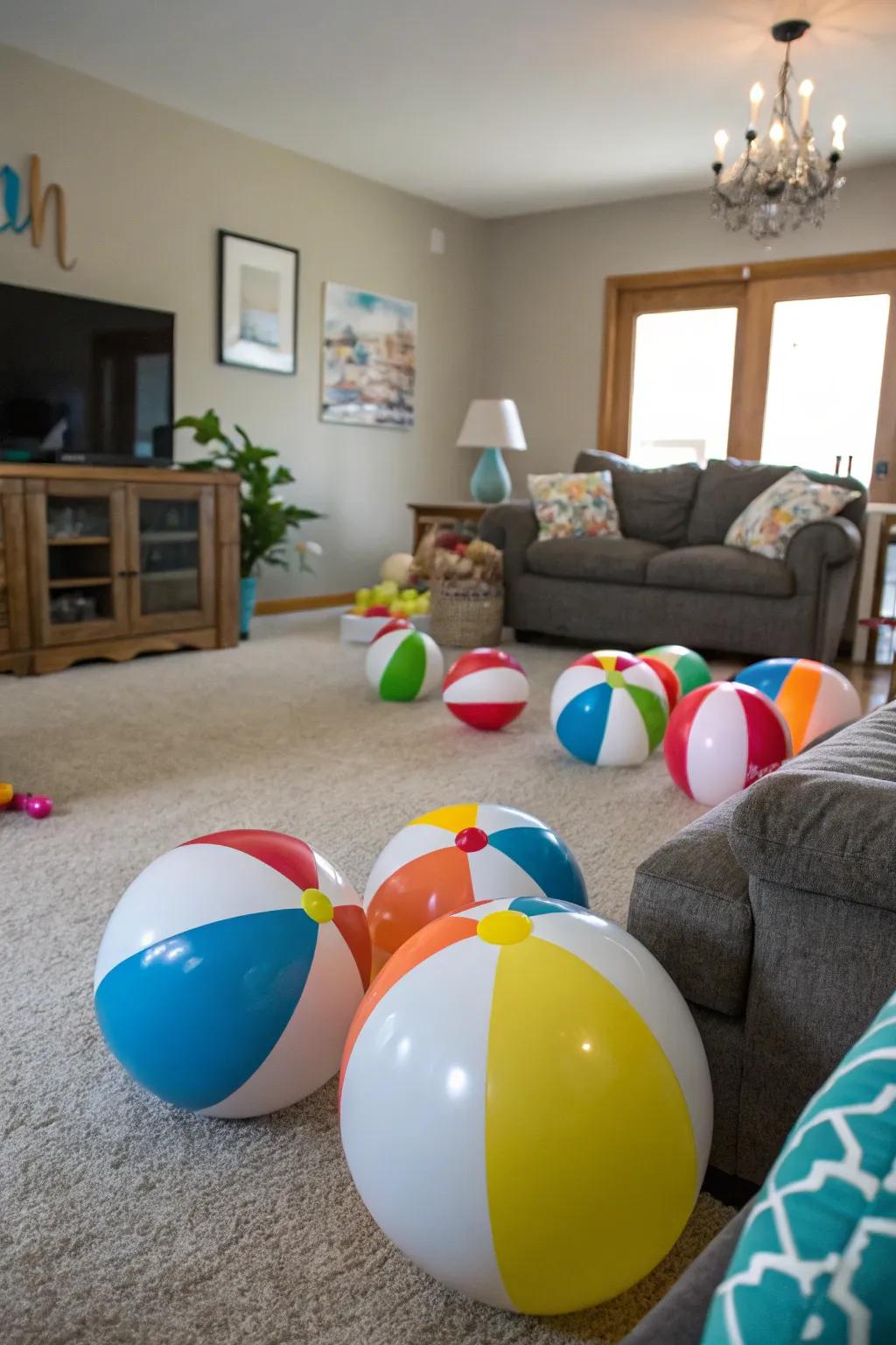Inflatable balls introduce a playful and colorful aspect.