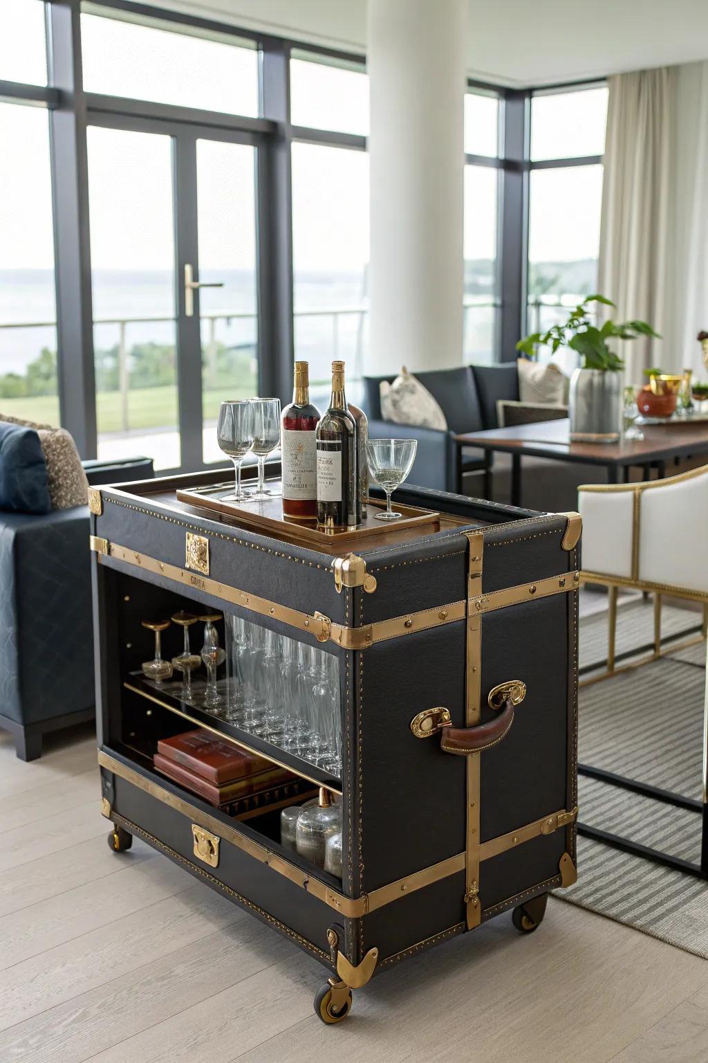 An antique trunk repurposed as a bar cart infuses an element of refinement into amusement.