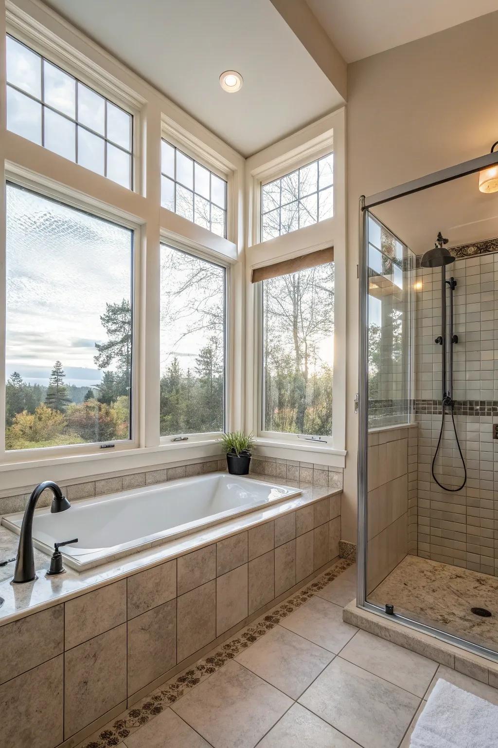 Sunlight enhances the inviting atmosphere of this bathroom.