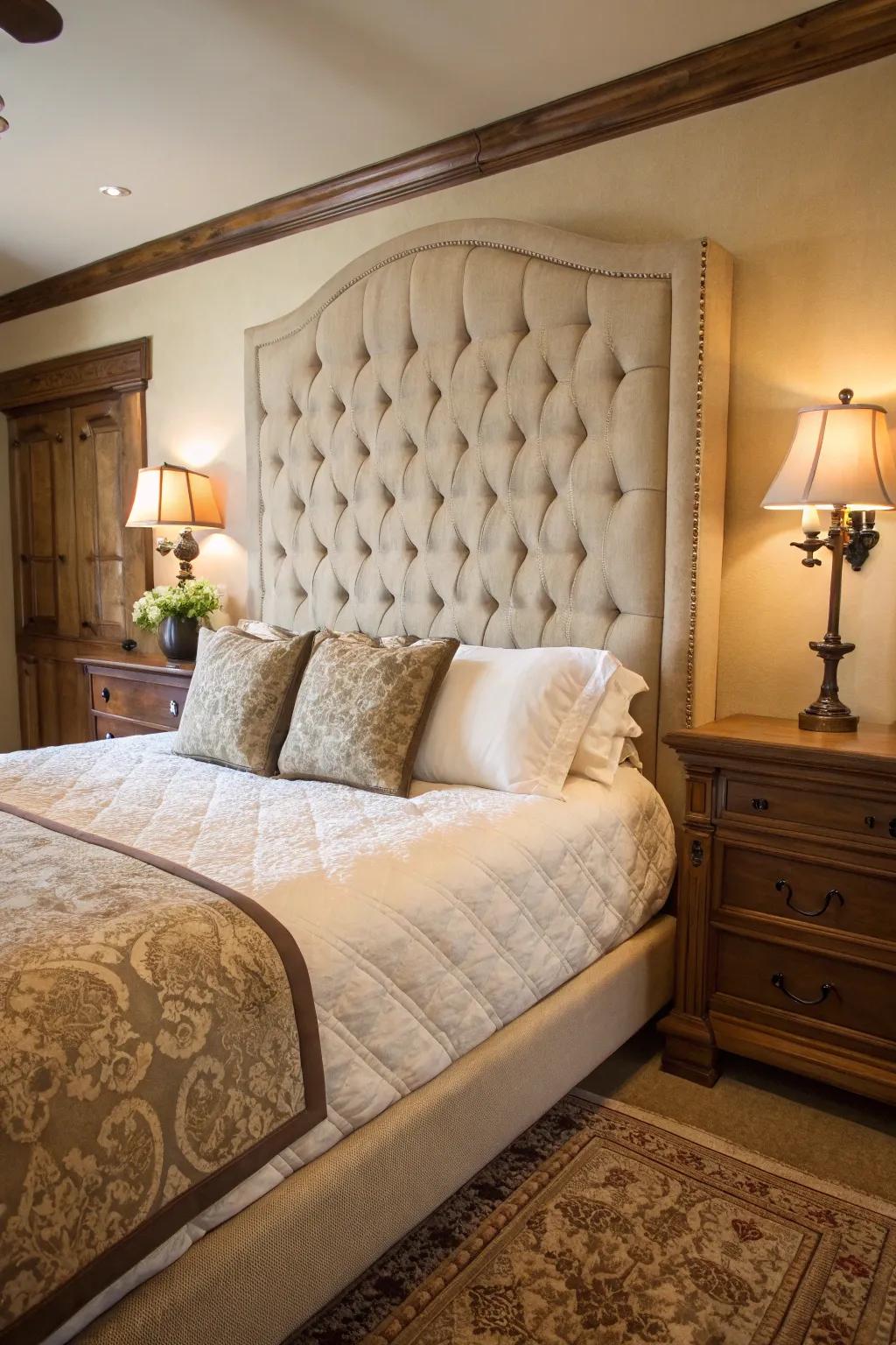 A classic bedroom showcasing a button-tufted headboard.