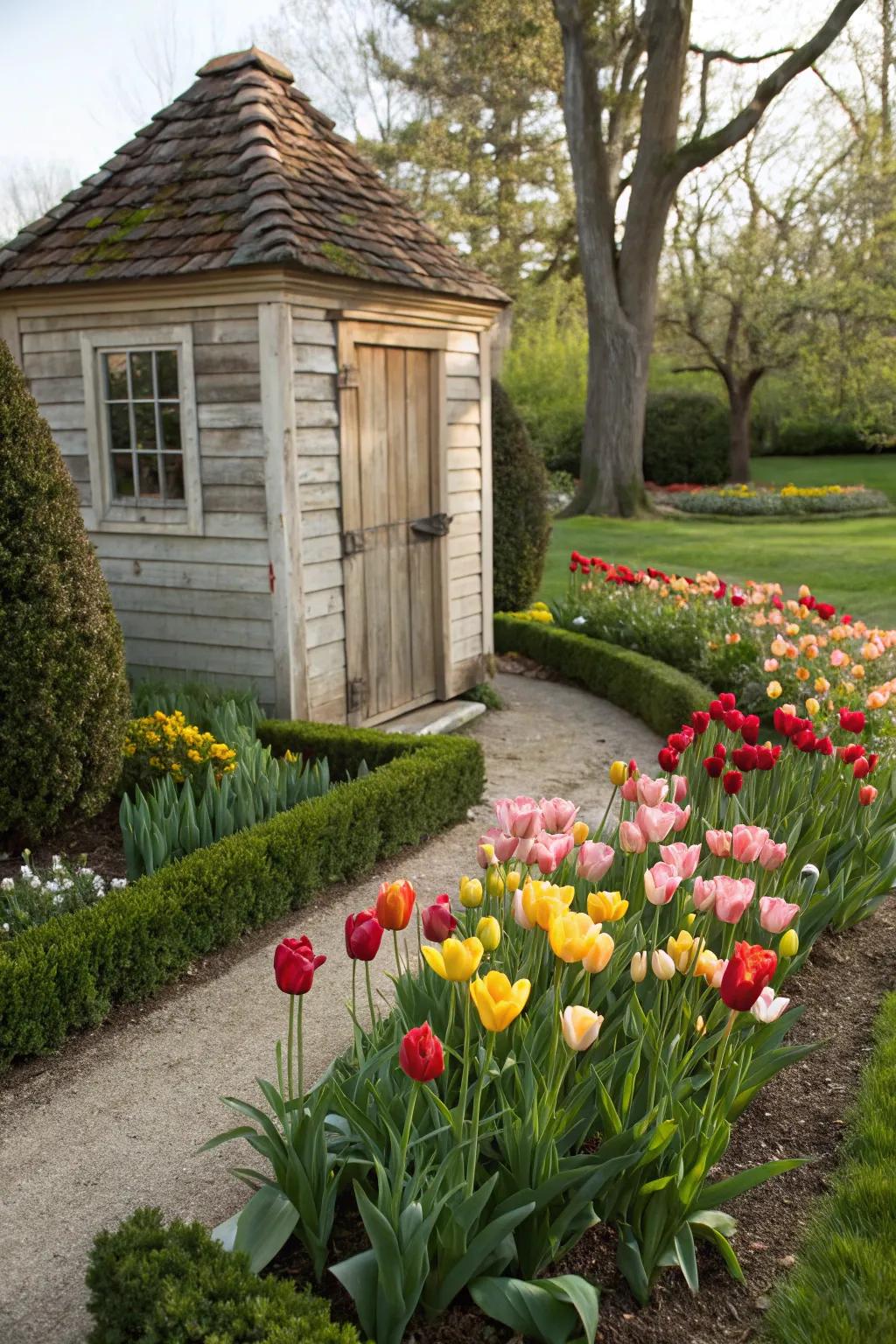 Tulips planted around a garden shed, enhancing its architectural appeal.