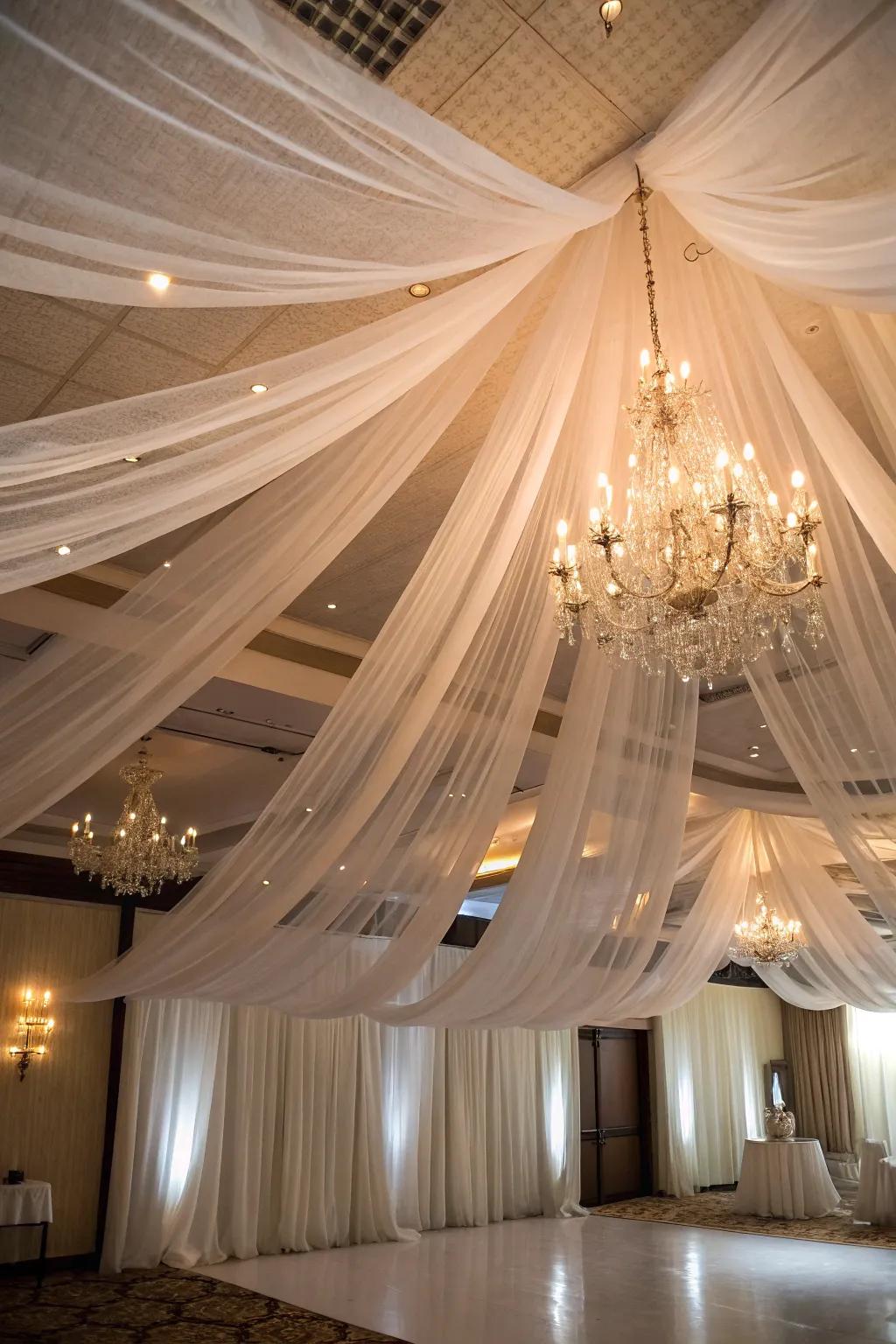 Produce a magical setting using netting ceiling drapery.