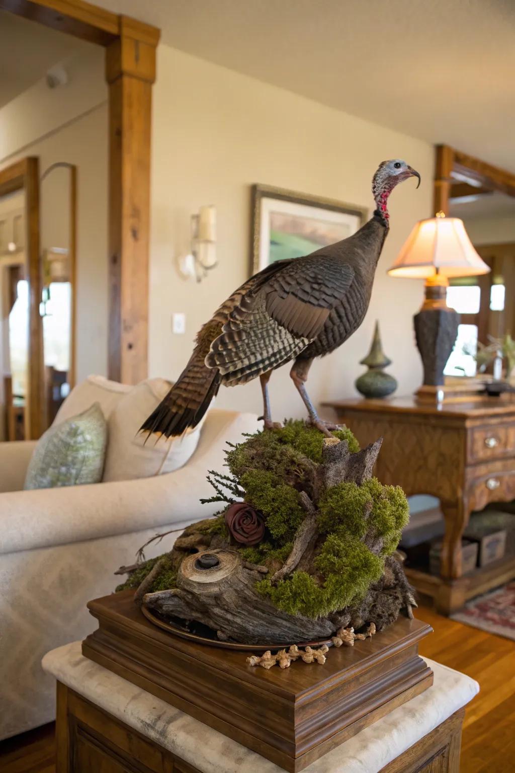 An artistic turkey display integrating components from nature.