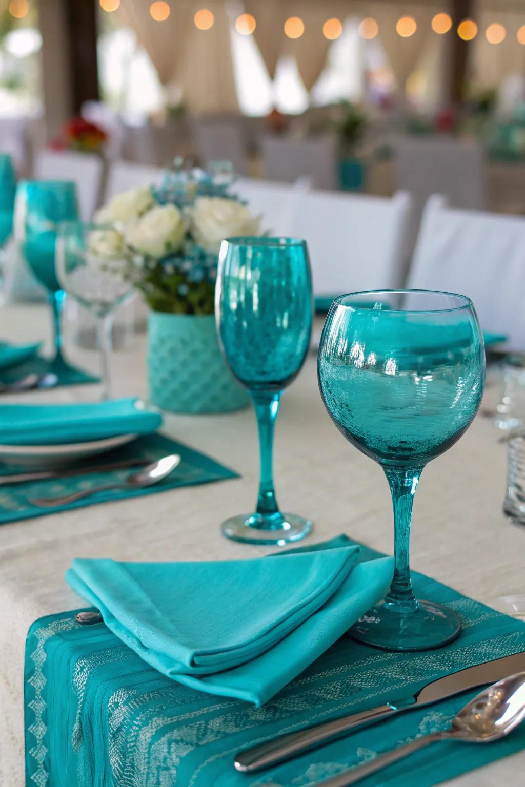 Aqua-colored glassware introduces subtle sophistication and charm.