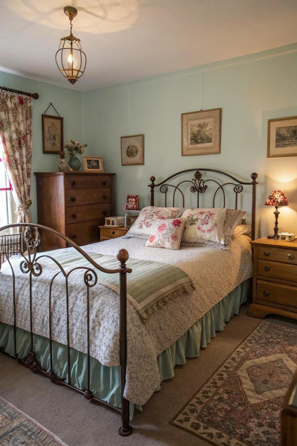 Antique furnishings infuse your bedroom with ageless allure.