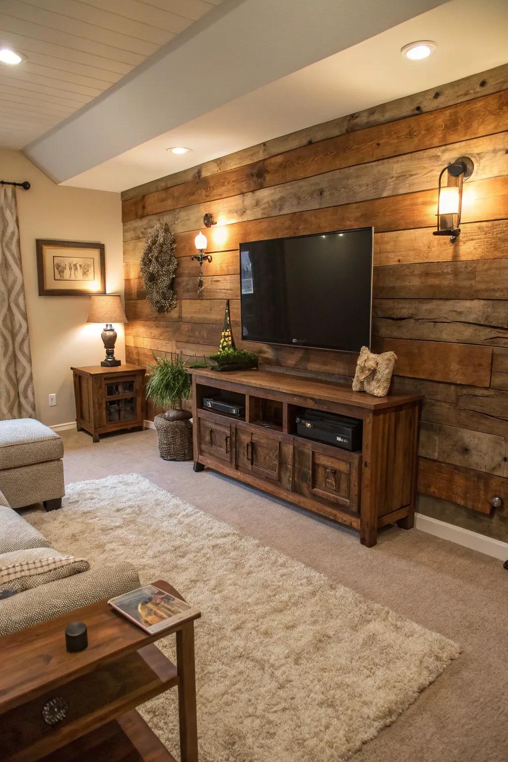 Reclaimed timber contributes countryside allure to this TV feature wall, crafting a warm and inviting atmosphere.
