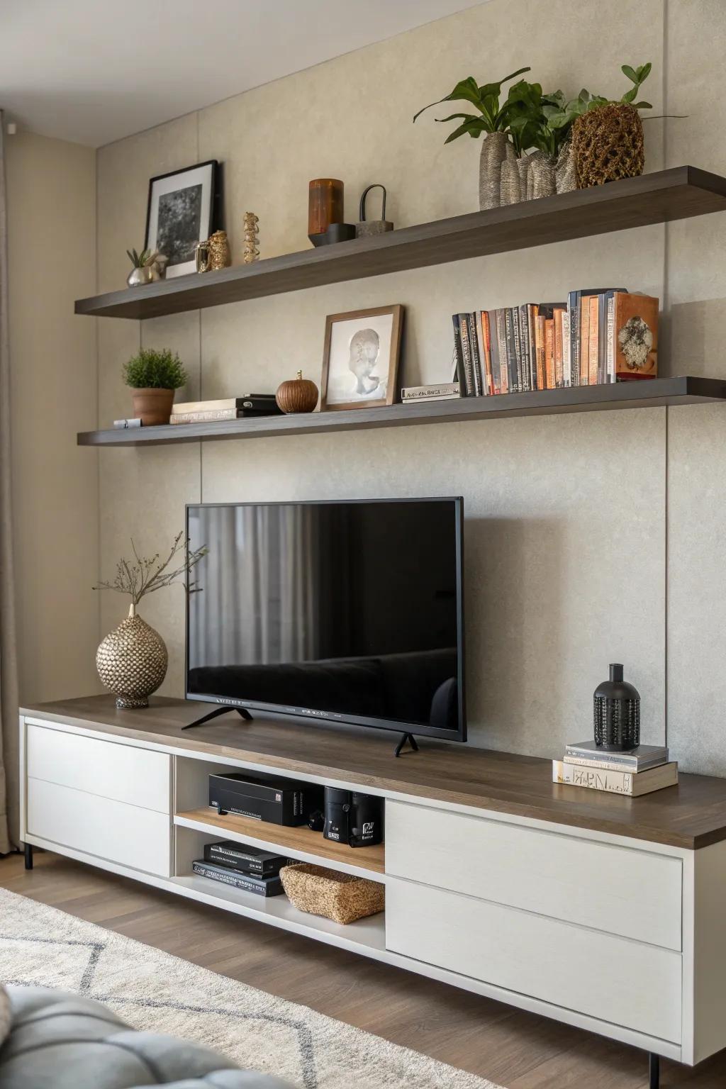 Shelving mounted above a TV stand to maximize space.