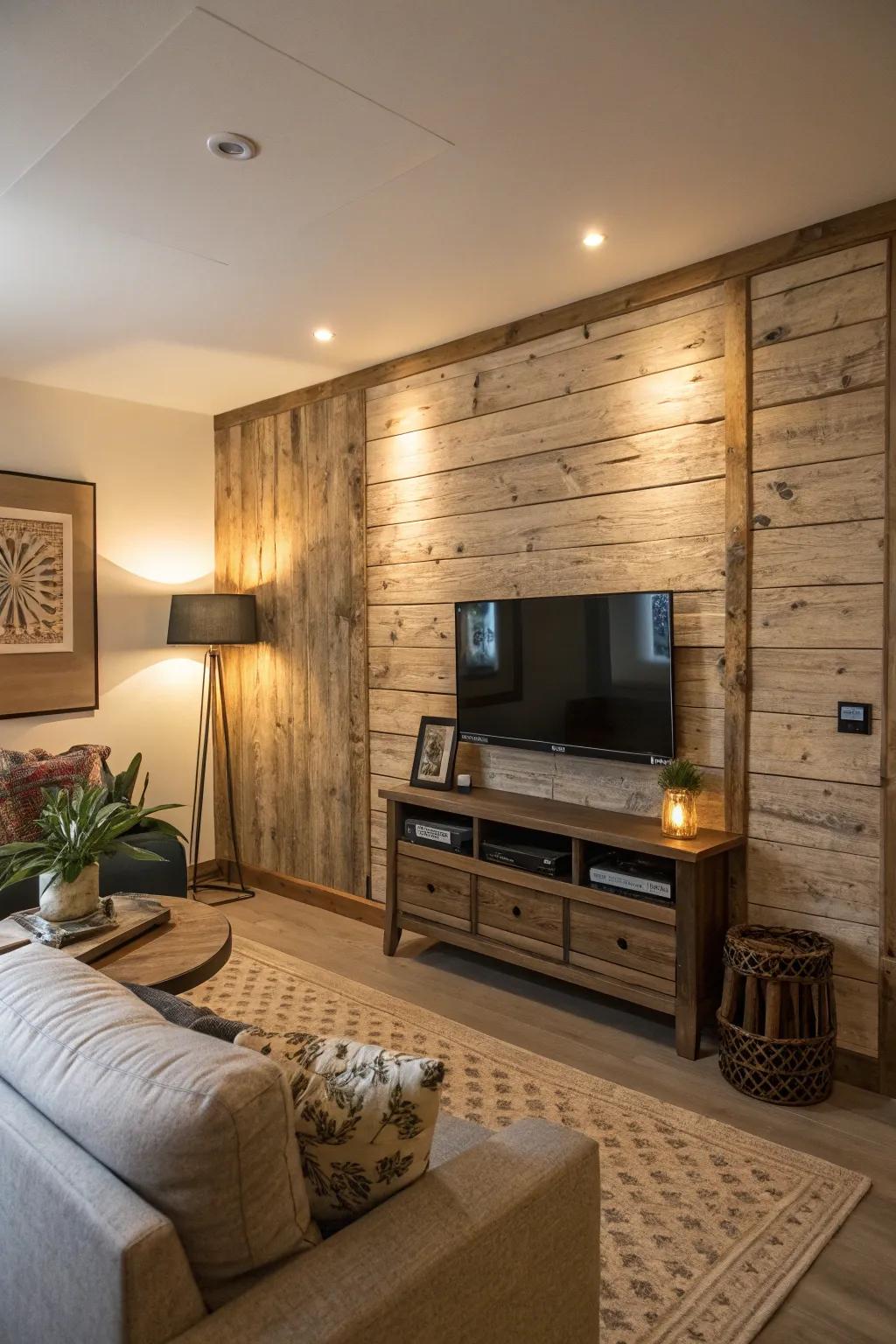 A TV affixed to a textured wooden wall panel.