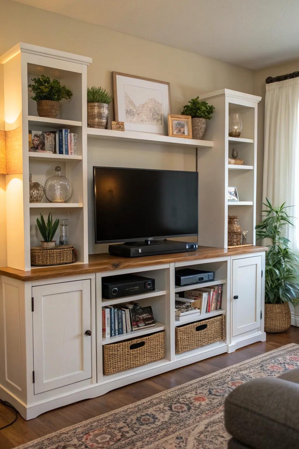 The ideal equilibrium of exposed and concealed storage for an orderly TV area.