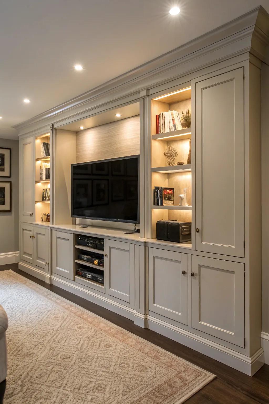 Custom cabinetry offers elegance and functionality for TV walls.