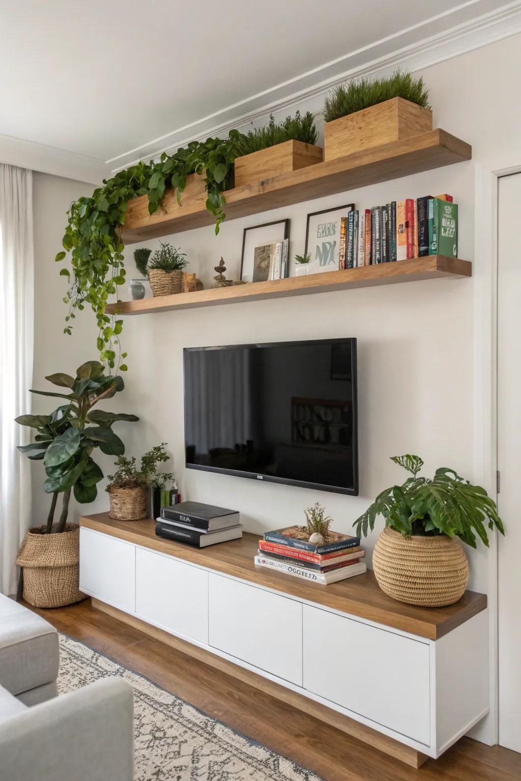 Floating ledges deliver stylish storage options on this TV wall.