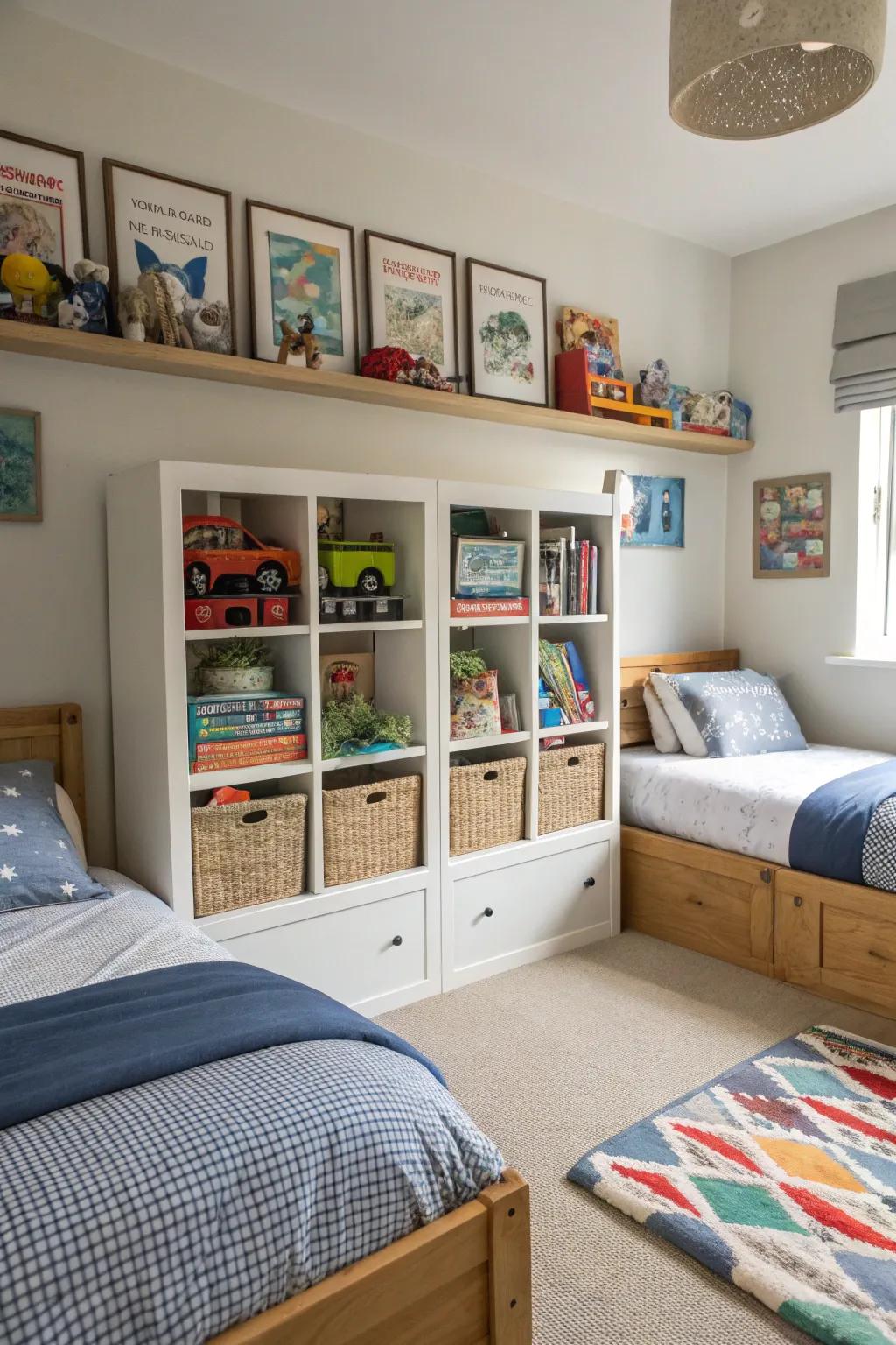 Useful storage keeps the twin area tidy