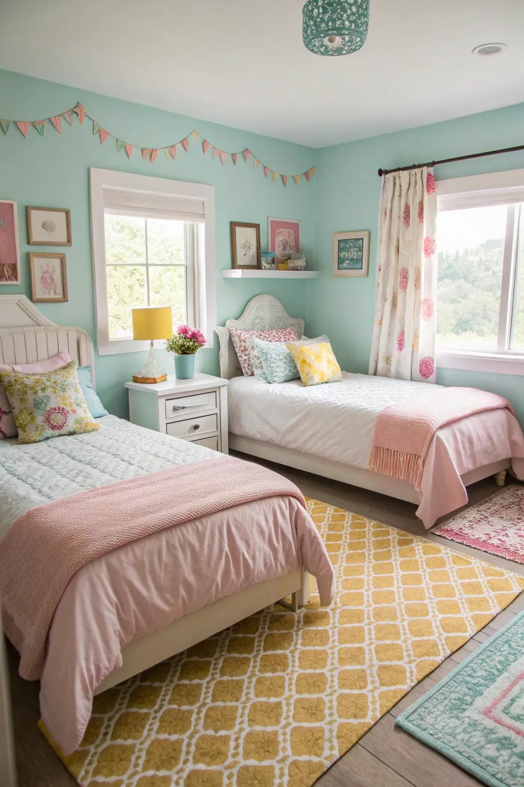 The use of pastel shades helps to create a serene and calming environment, perfect for sleep.