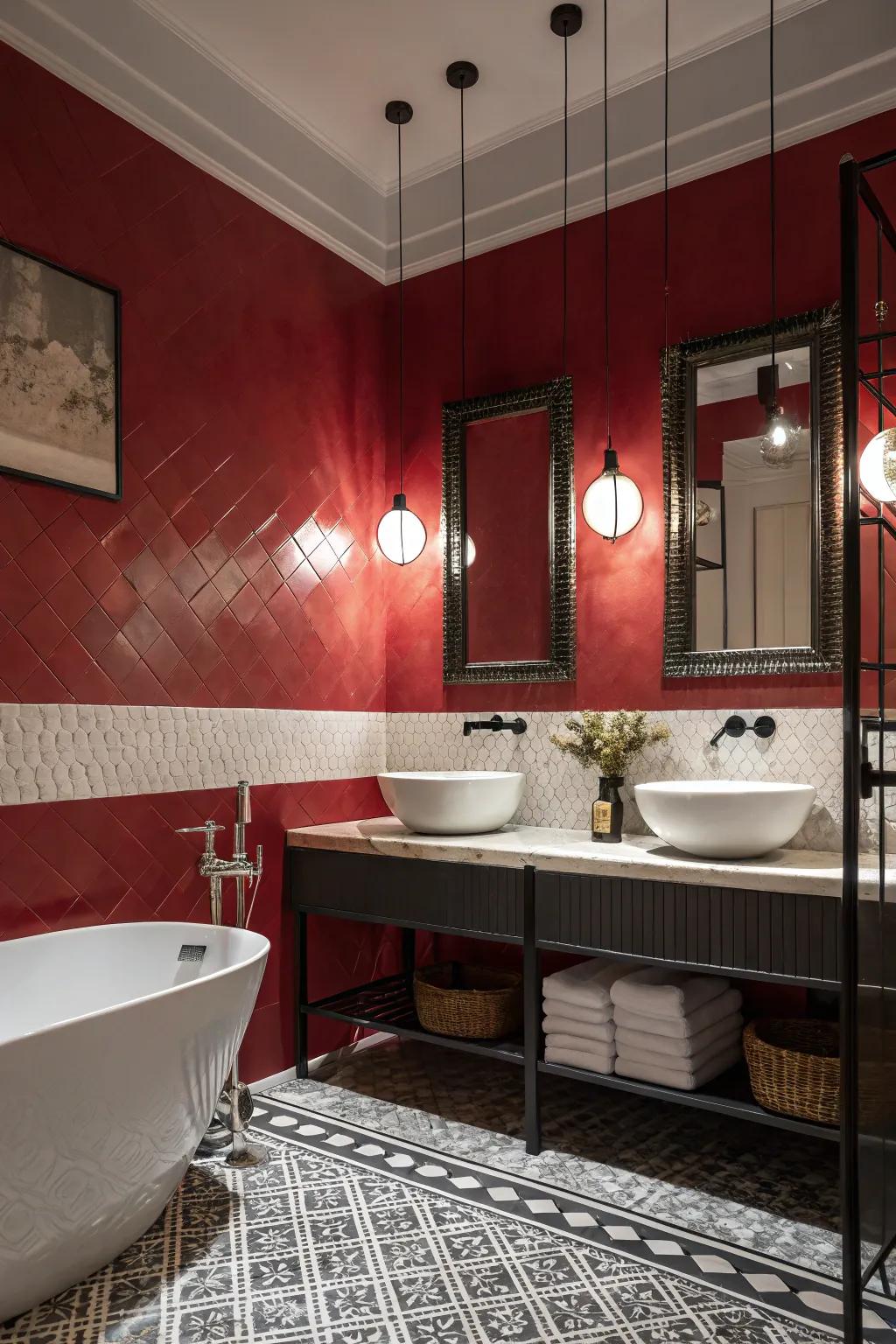 A bold red and white two-tone wall design that crafts a stunning point of focus.