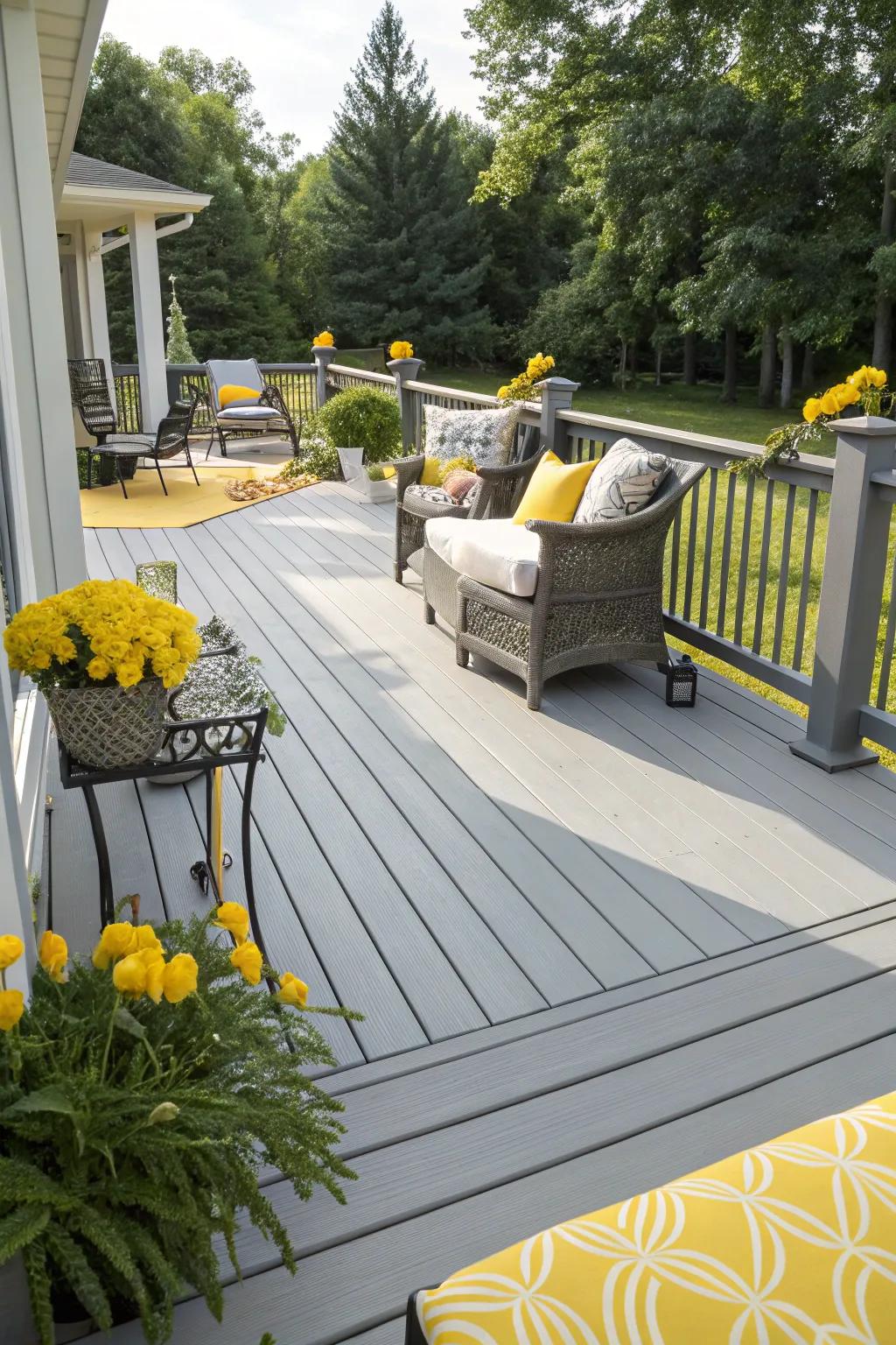 Bright yellow and mellow gray create a cozy and inviting outdoor space.