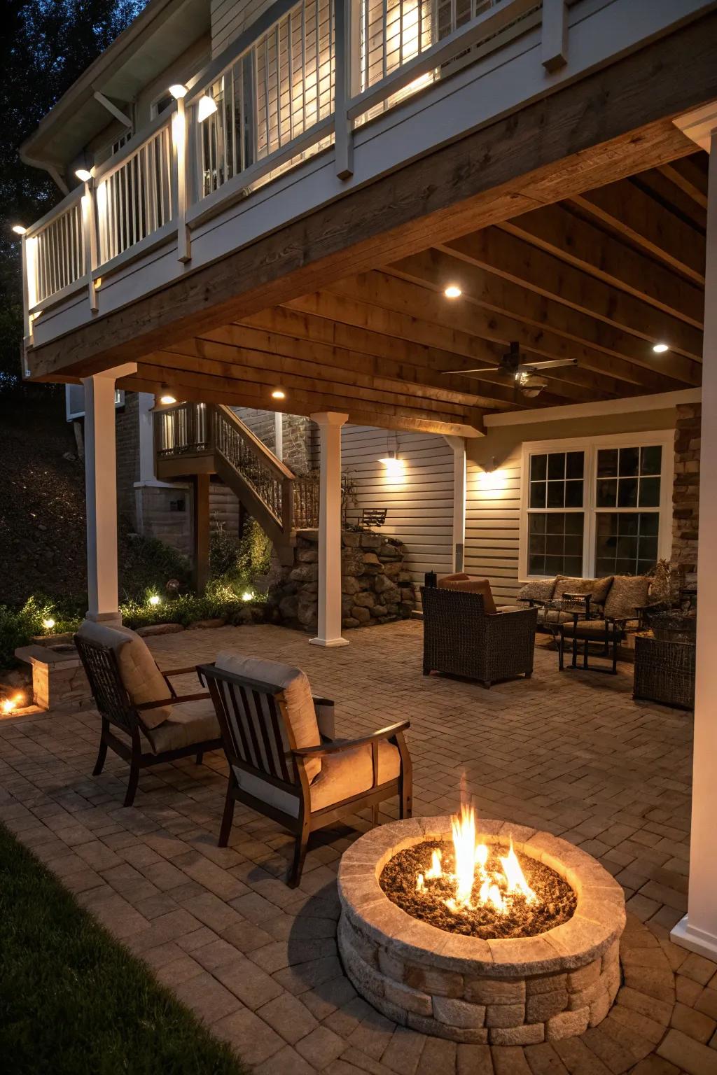 A snug under-deck region featuring a core bonfire pit and welcoming seating.