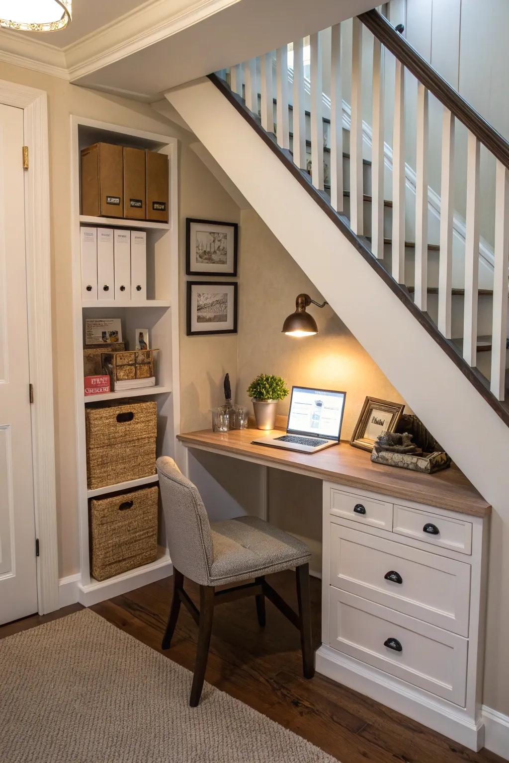 A handy mini home office is tucked away under the stairs.