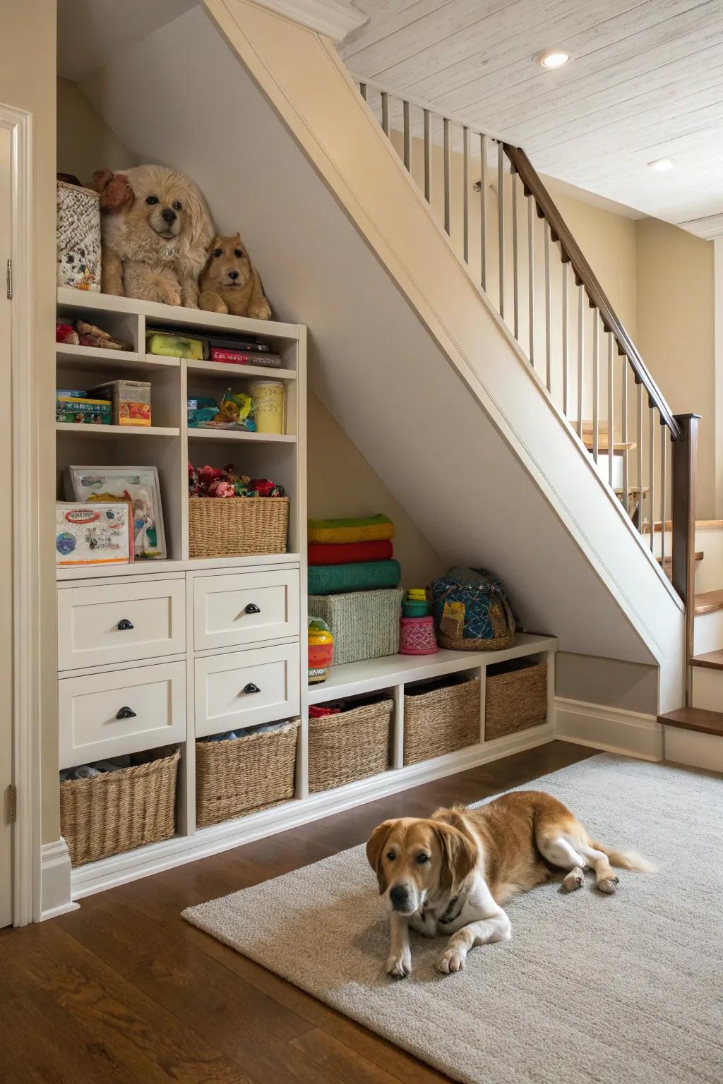 Maintain order in your pet’s essentials with clever storage solutions.